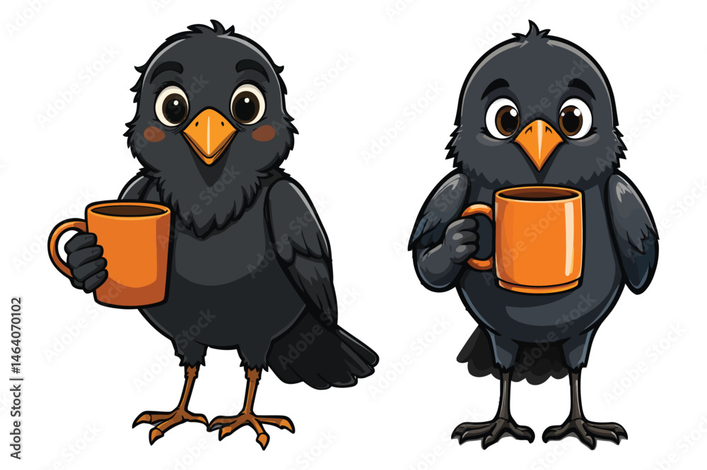 Obraz premium Cartoon Crow with Orange Mug T-Shirt - Cute Animal Graphic Tee