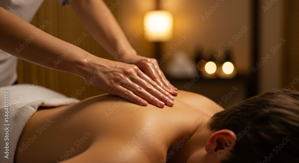 Obraz premium girl masseur doing massage in salon, close-up