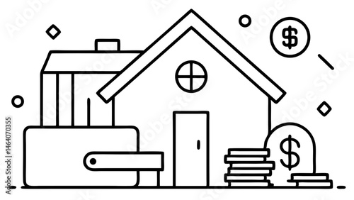 House purchase savings plan wallet coins and home black line art style