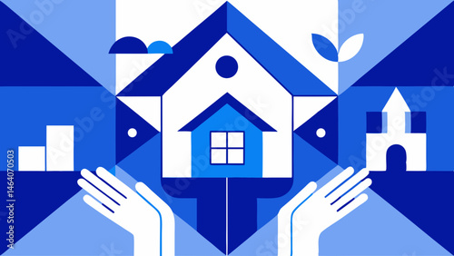 Safe home future dreams hands protecting house castle growth chart blue tones