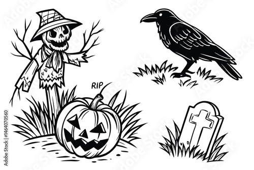 86 Halloween sketches, spooky illustrations, pencil drawings, jack-o'-lantern scarecrow, zombie hand emerging from ground, black raven, tombstone with RIP, gothic art style, dark and eerie, Halloween 