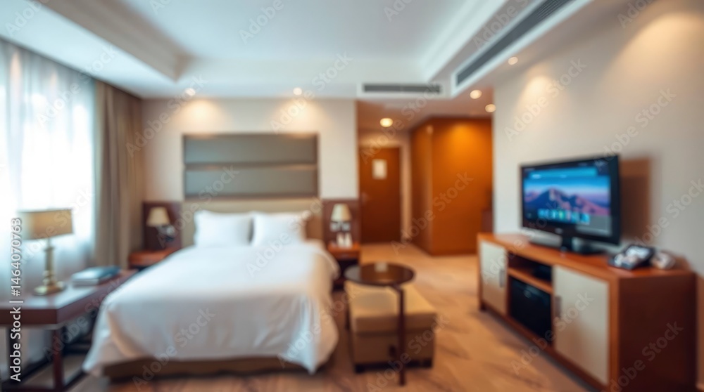 Blurred view of a modern hotel room with a double bed, TV, and warm lighting, creating a cozy mood