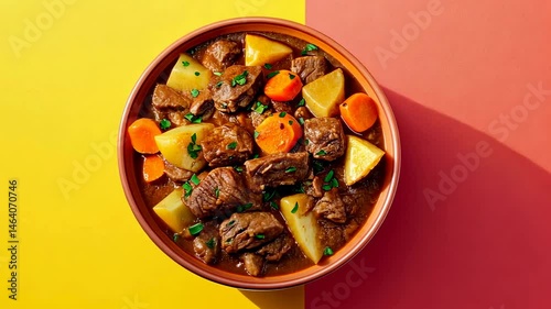 Top-down view of stew with beef, potatoes and carrots in bowl rotating on yellow-red background.