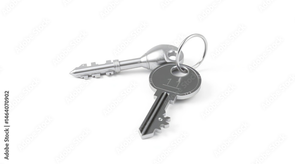 Two metal keys rest on a white surface, one with a keyring, conveying safety and security. Two metal keys rest on a white surface, one with a keyring, conveying safety and security.