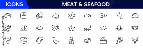 Meat, poultry, fish and eggs - minimal thin line web icon set. Outline icons collection. Simple vector illustration.