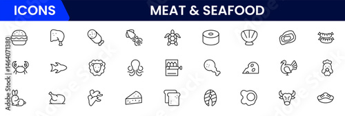 Meat, poultry, fish and eggs - minimal thin line web icon set. Outline icons collection. Simple vector illustration.