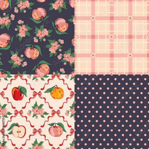 Coquette core preppy bows, polka dot, apple checkered seamless pattern set, wrapping, fabric textile
