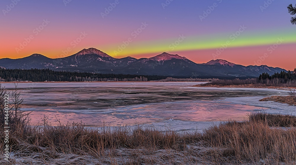 Obraz premium Glowing aurora over pristine icy tundra mountains rising in the distance cinematic arctic serenity