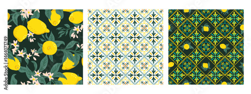 Lemon on azulejos ceramic tile seamless pattern collection. Mediterranean Portuguese texture