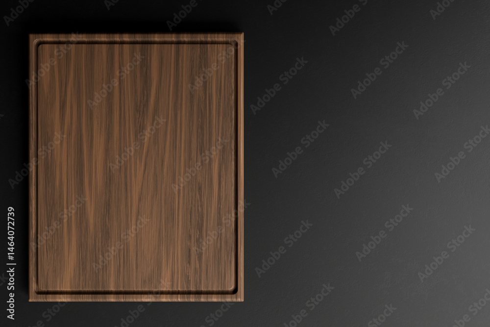 Fototapeta premium Empty wooden cutting board for preparing ingredients for preparing a delicious dish on black Countertop. Kitchen, 3d render 