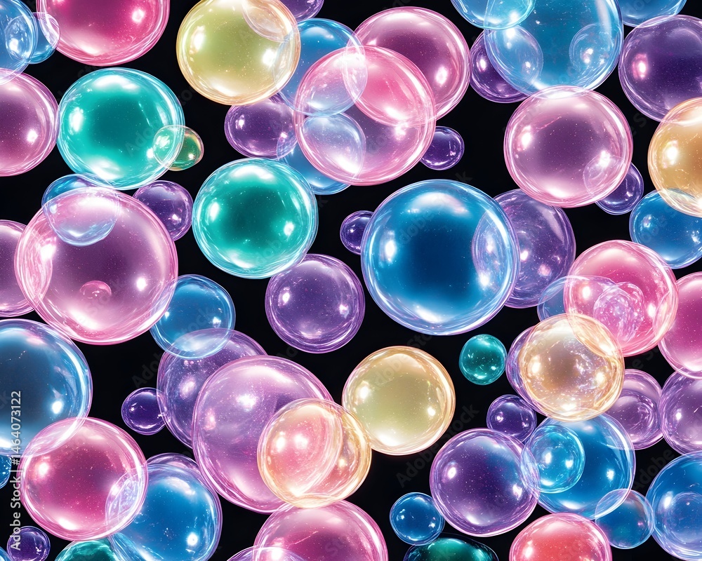 Vibrant, translucent spheres float on a dark backdrop Vibrant, translucent spheres float on a dark backdrop