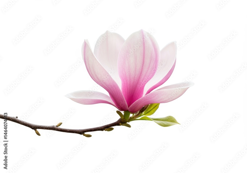 Fototapeta premium Magnolia blossom with pink and white petals on a branch against a white background