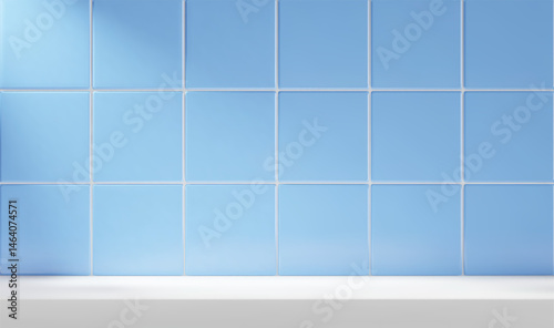 3d kitchen or bathroom scene with white table and blue tile background. Realistic room with shelf for product display