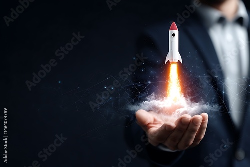 Businessman Holding a Launching Rocket Representing Growth and Success in a Dark Background