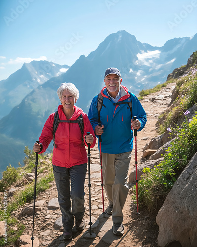 A photograph of a smiling senior couple hiking along a rocky mountain trail. The woman has short silver hair and is wearing a bright red hiking jacket, while the man sports a blue windbreaker