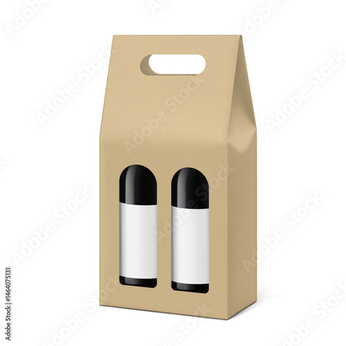 Cardboard Kraft wine carrier with bottles mockup. Vector illustration isolated on white background. Easy to use for presentation your product, idea, promo, design. EPS10.