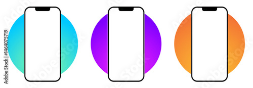 Smartphone mockup front view with colorful gradient circle background blue purple orange vector template isolated modern mobile phone design