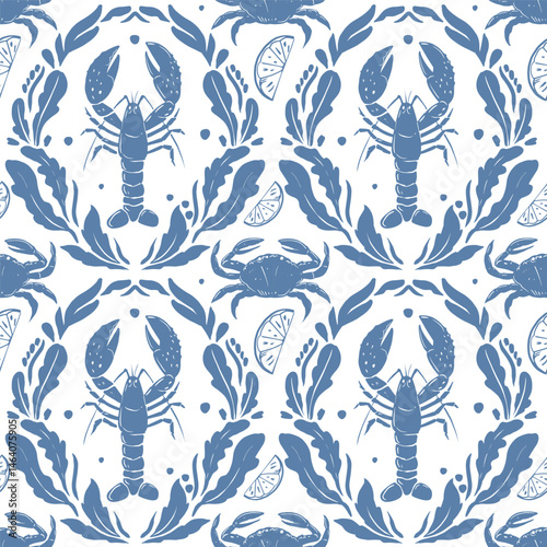 Seafood seamless pattern, set of vector sketchy hand drawn illustrations