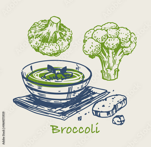 Broccoli, soup puree. Doodle style illustrations, vector sketches