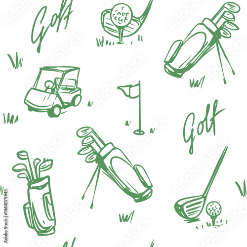 Golf sketch seamless pattern. Sports tools vector illustration. Hand drawn vintage style, isolated