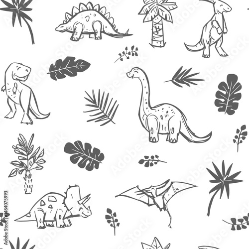 Wallpaper Mural Dinosaurs seamless pattern , set illustrations,monochrome sketch, hand drawn vector Torontodigital.ca