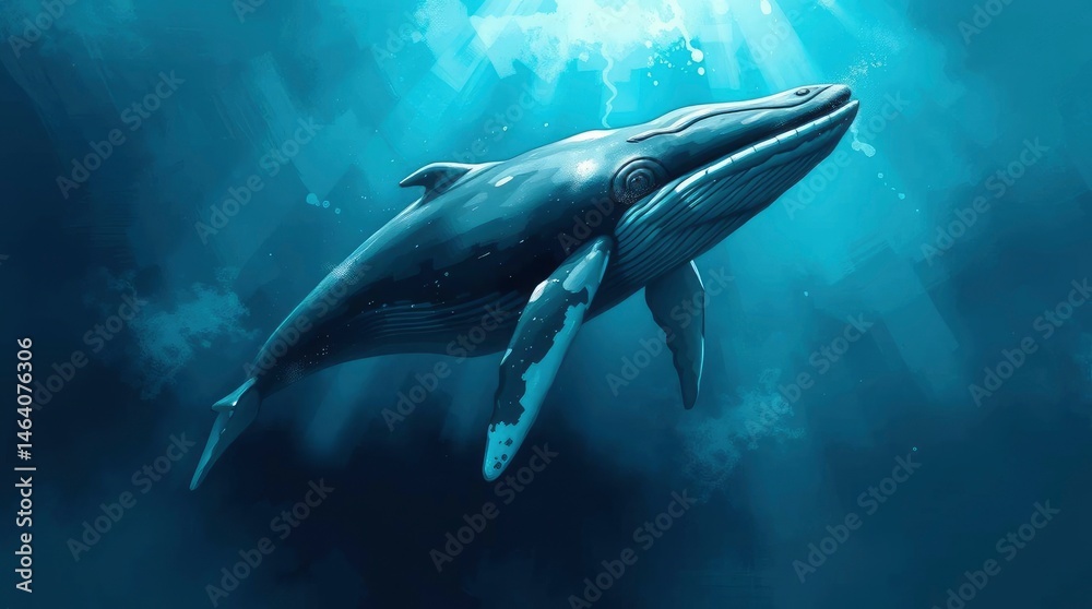 Fototapeta premium Whale swims peacefully in the ocean depths with sunlight filtering above in painted style art