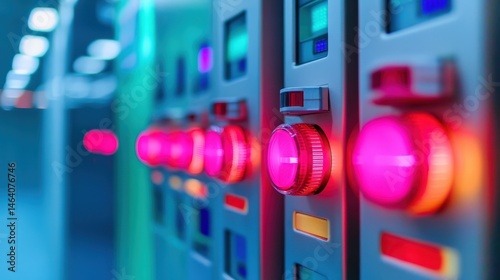 Close-up of illuminated control panel buttons in a modern industrial or technological setting.