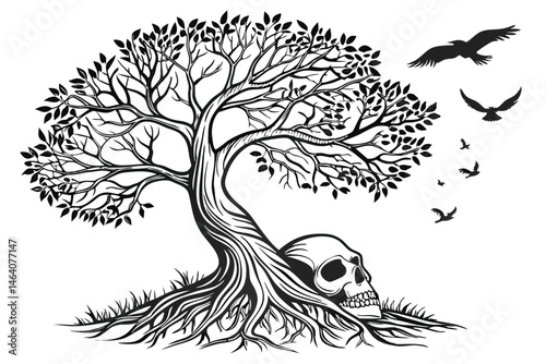 89 Black and white illustration, intricate tree growing from skull, detailed roots, gnarled trunk, lush foliage, birds flying, surreal imagery, dark gothic style, fine line work, high contrast, symbol