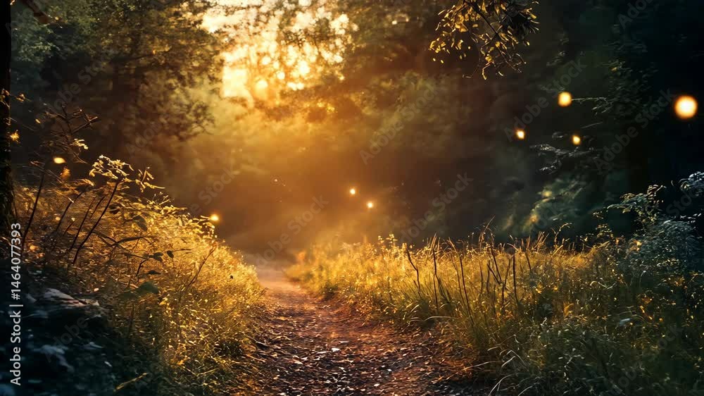 Sunlit path through a mystical forest at dawn, glowing with fireflies Sunlit path through a mystical forest at dawn, glowing with fireflies