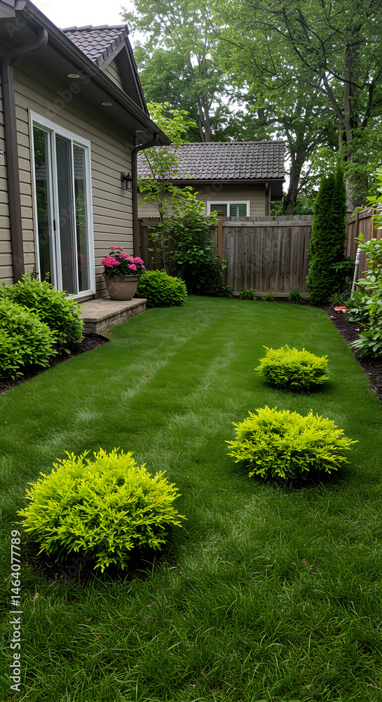Naklejka premium Residential Backyard Photo Green Lawn Yard Shrubs Plants Outdoor Garden View