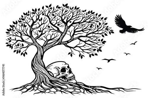 89 Black and white illustration, intricate tree growing from skull, detailed roots, gnarled trunk, lush foliage, birds flying, surreal imagery, dark gothic style, fine line work, high contrast, symbol