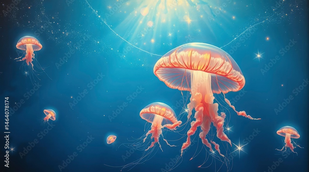Fototapeta premium Glowing jellyfish float serenely in a deep blue sea, illuminated by shimmering celestial light above