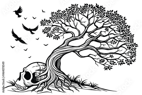 89 Black and white illustration, intricate tree growing from skull, detailed roots, gnarled trunk, lush foliage, birds flying, surreal imagery, dark gothic style, fine line work, high contrast, symbol