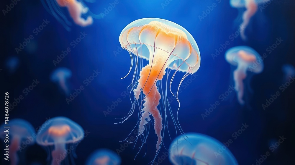 Glowing jellyfish pulsate gracefully in the deep ocean, an ethereal dance of light and color below. Glowing jellyfish pulsate gracefully in the deep ocean, an ethereal dance of light and color below.