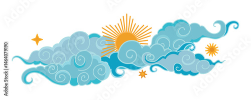 Tibetan sky. Blue Asian cloud with moon, sun and stars. Japanese Korean Chinese cloud style. Asian traditional ornaments. Border pattern. Vector illustration