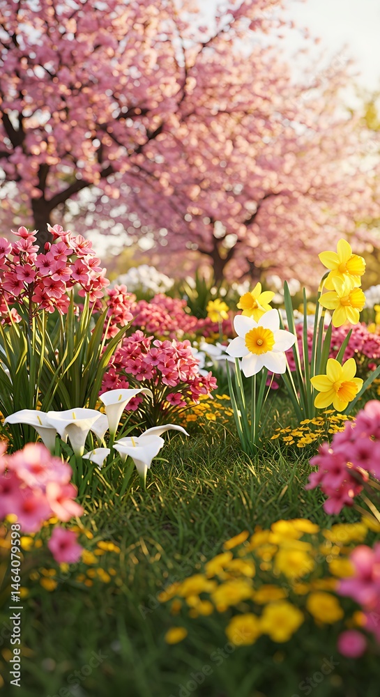 Obraz premium Spring Flowers, Blossoming Trees, Sunny Garden