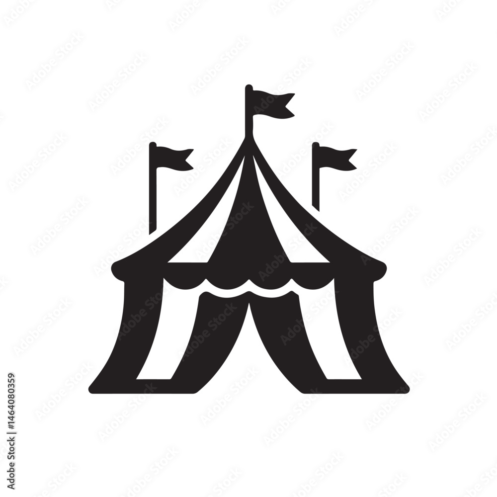 Carnival Tent with Flags Silhouette, Bold Curves Amusement Icon Vector Carnival Tent with Flags Silhouette, Bold Curves Amusement Icon Vector