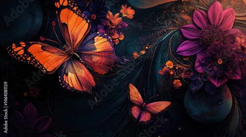 Stylized nature motif featuring insects and flowers with curved lines and jewel tones, captured in dramatic lighting for a luxury and elegant lifestyle concept.