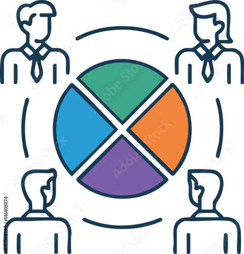 Illustration of professionals collaborating around a segmented pie chart, signifying teamwork and strategic allocation. Each segment represents different aspects of planning or business processes.

