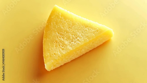 Close-up of hard cheese wedge on yellow background.