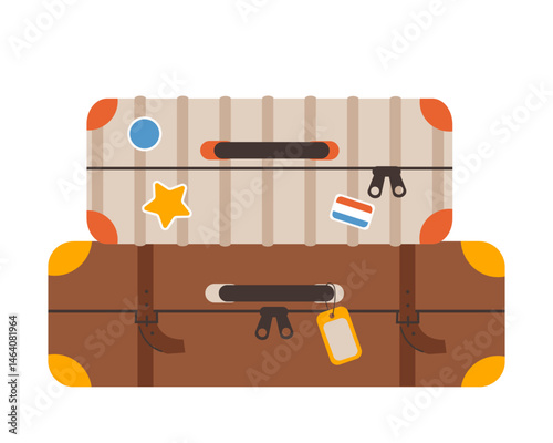 Retro suitcases and travel bags in a flat cartoon style on a white background. Vector illustration. Luggage, travel bags, suitcases with travel stickers. Packing for vacation, beach, vacation concept