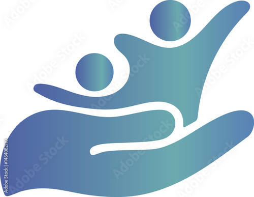 Graphic design showcasing a hand lifting and supporting two abstract human figures, symbolizing care, support, and unity in gradient color. Modern and minimalist, ideal for community and charity teams