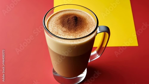 Close-up of mochaccino with grated chocolate in glass mug on yellow-red backdrop.