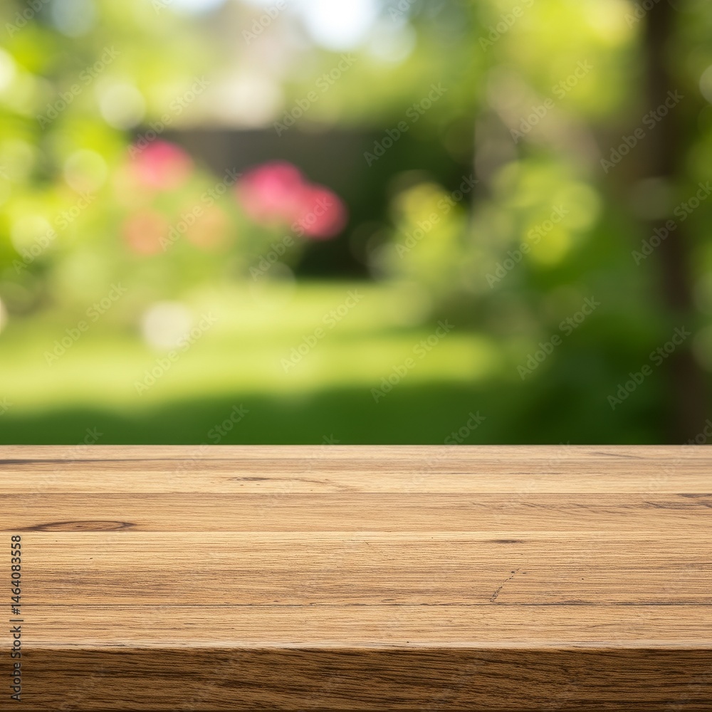 Rustic Wooden Table with Blurred Green Garden Background for Product Display Rustic Wooden Table with Blurred Green Garden Background for Product Display