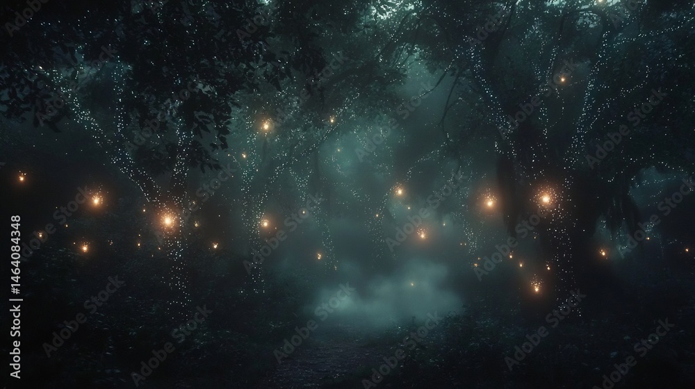 Naklejka premium Glowing bioluminescent trees a dark forest with floating lights and soft mist cinematic enchanted evening