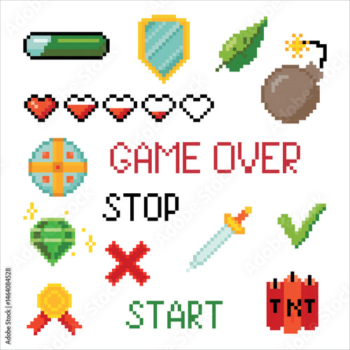 Set of objects. Pixel art. Game elements. Environment for Retro 8 bit icons for old school platformer video game. Vector illustration isolated on white background.
