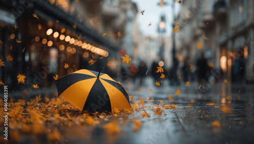 Umbrella on Ground Amidst Fallen Leaves in Rainy City Street