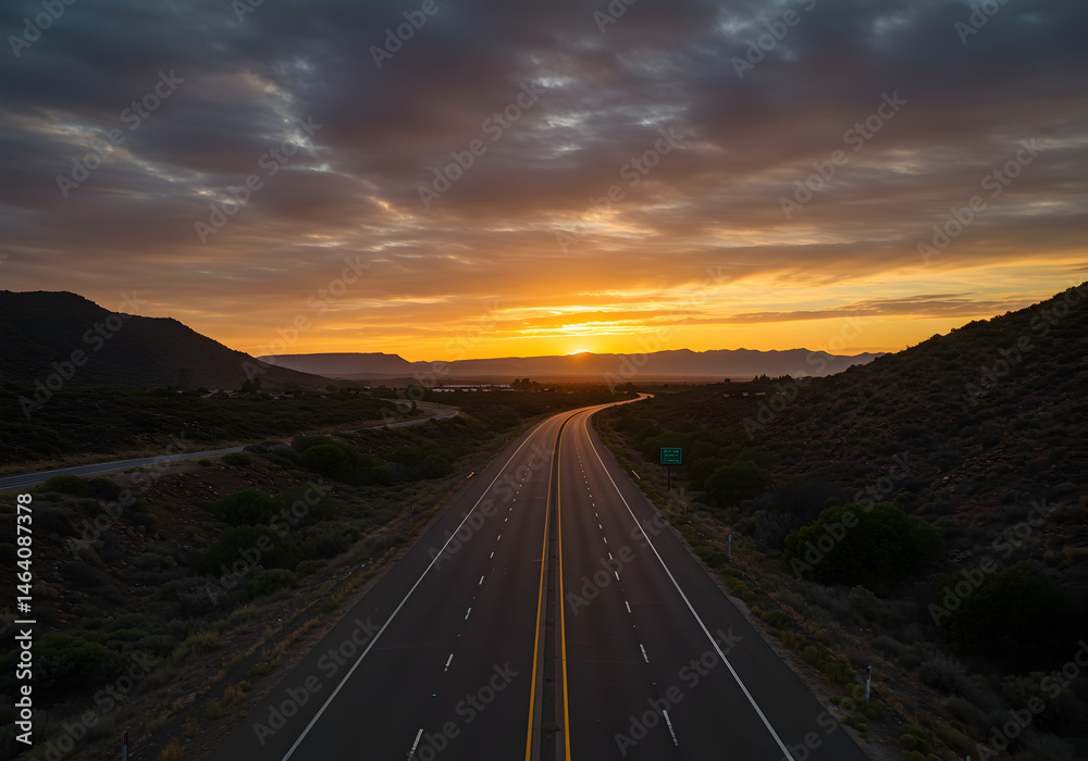 Fototapeta premium Scenic Photo of Highway Road at Sunset Mountain Horizon Landscape