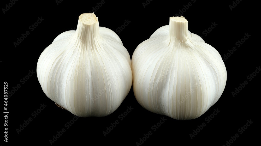 Obraz premium Two Bulbs of Vibrant Garlic, Creamy White, Textured Surface, Isolated on Black Background