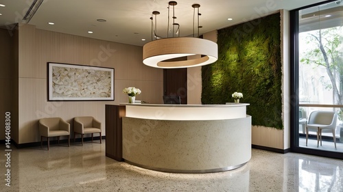 Modern Spa Reception Area with Curved Desk and Green Moss Wall